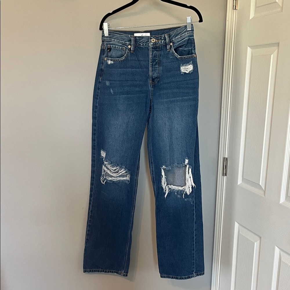 Kancan High-Rise Distressed Straight-Leg Jeans - Dark Blue